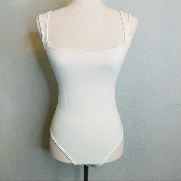 Tops - Cream Square Neck Neutral Minimalist Stretchy Bodycon Bodysuit | XL